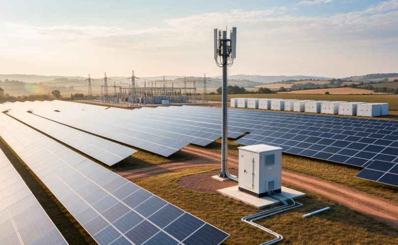 Aerial three-quarter view of a solar farm with rows of photovoltaic panels in warm sunlight, a nearby 5G cellular tower and small equipment cabinet, with a substation and rolling hills in the background.