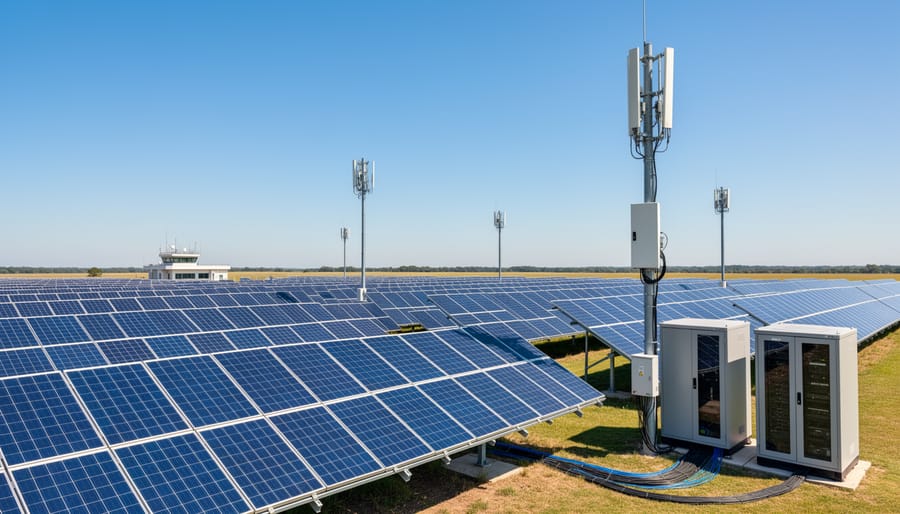 5G network tower positioned near modern solar panel array installation