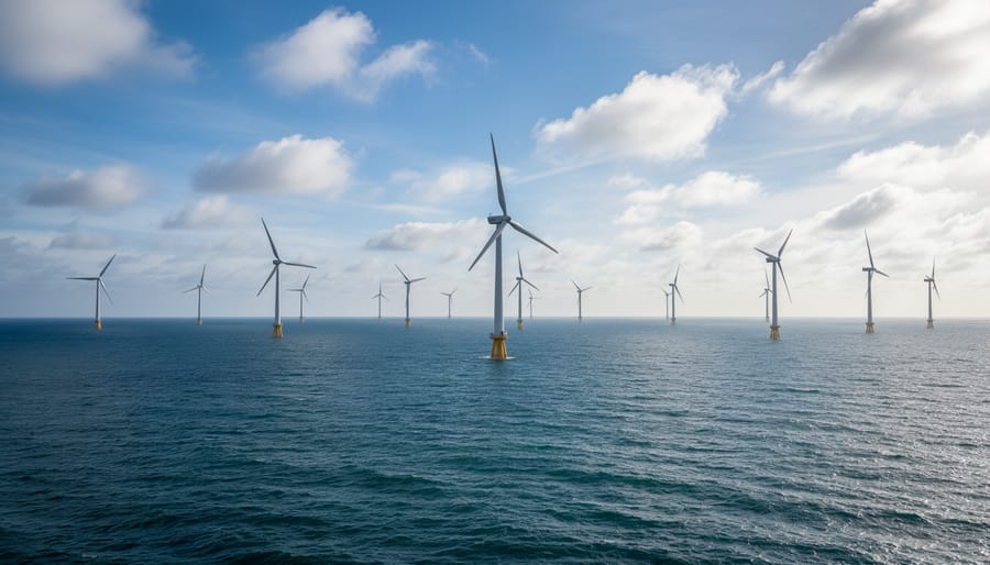 Aerial view of Block Island Wind Farm turbines in the Atlantic Ocean off Rhode Island coast