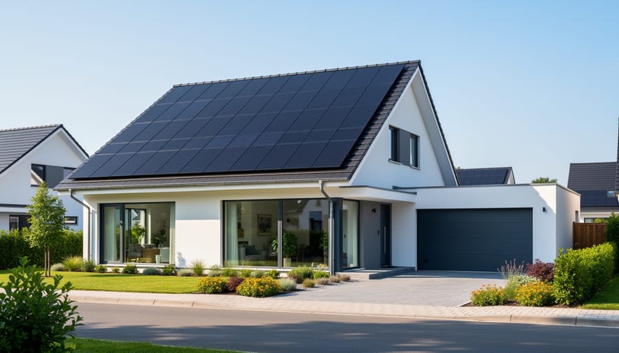 Modern home featuring integrated solar roof tiles blended with traditional roofing