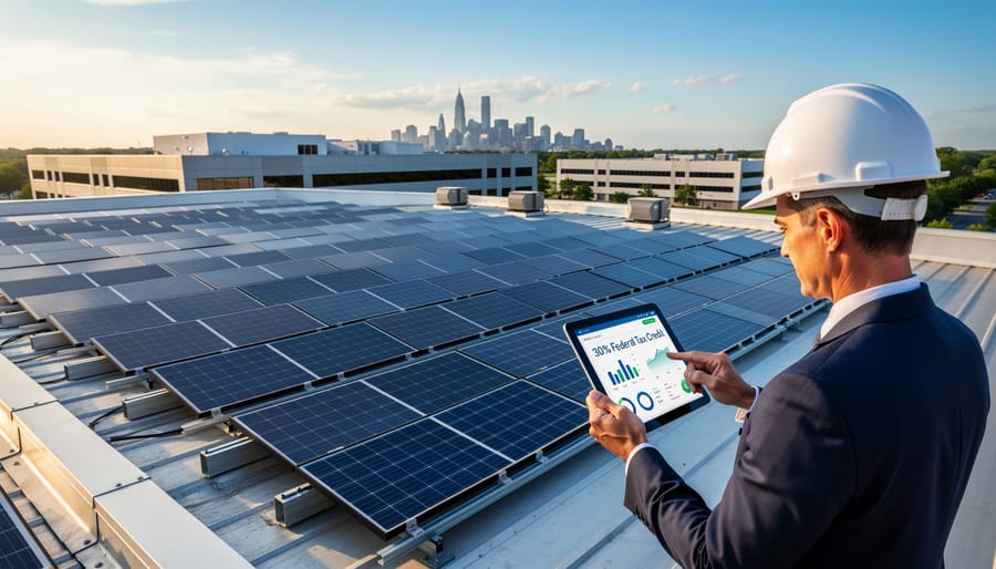 Large-scale commercial solar panel array installed on modern building rooftop