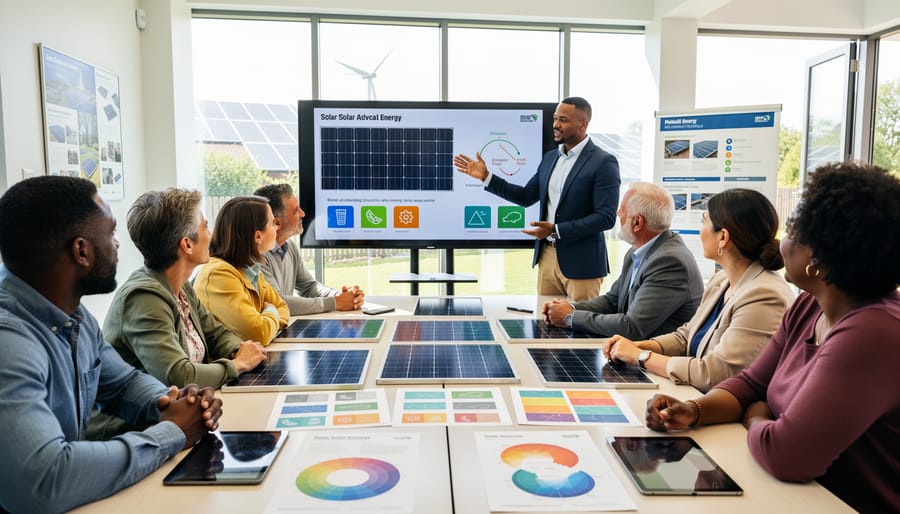 Young advocate presenting solar energy information to community group in meeting setting