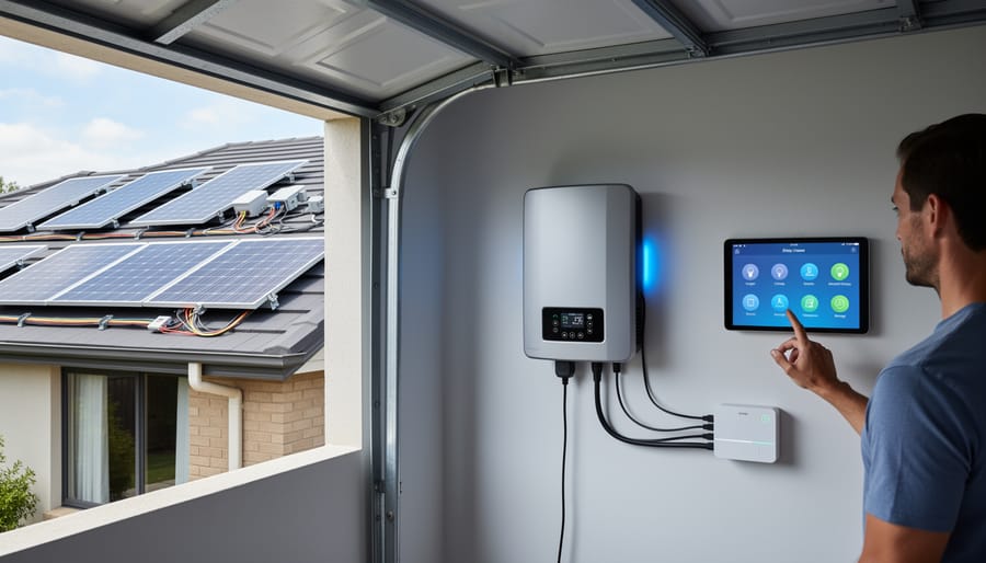 Residential solar panel array with smart inverter mounted on home exterior wall