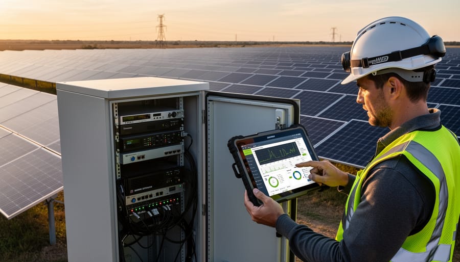 Edge computing server hardware mounted in solar installation equipment rack