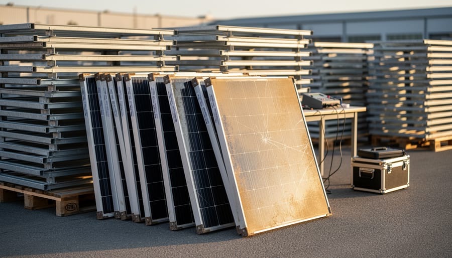 Stacked decommissioned solar panels in industrial facility showing weathering from years of use