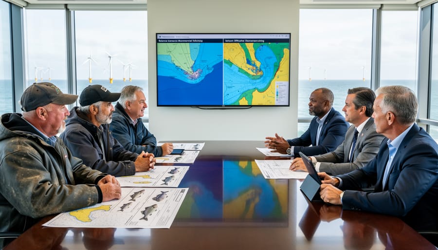 Commercial fishing vessel with offshore wind turbines visible on the horizon