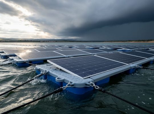 Low-angle water-level view of floating solar panels on a reservoir during an approaching storm, waves hitting modular floats, reinforced mooring lines taut in the foreground, with a distant shoreline beneath dark clouds.