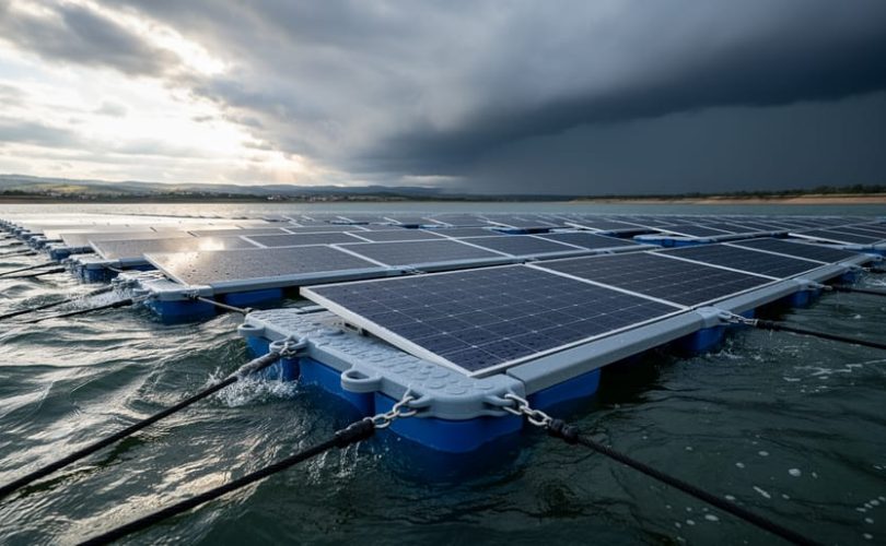 Low-angle water-level view of floating solar panels on a reservoir during an approaching storm, waves hitting modular floats, reinforced mooring lines taut in the foreground, with a distant shoreline beneath dark clouds.