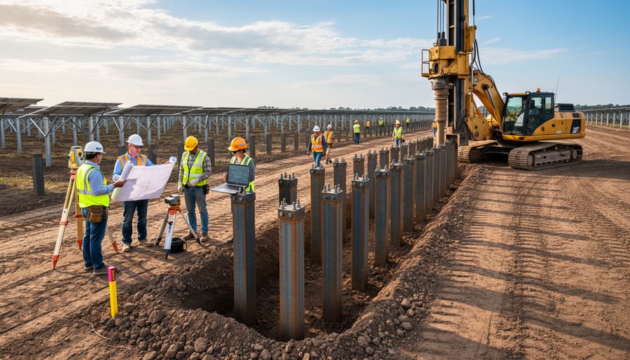 Construction equipment installing helical pile foundations for solar panel mounting structures