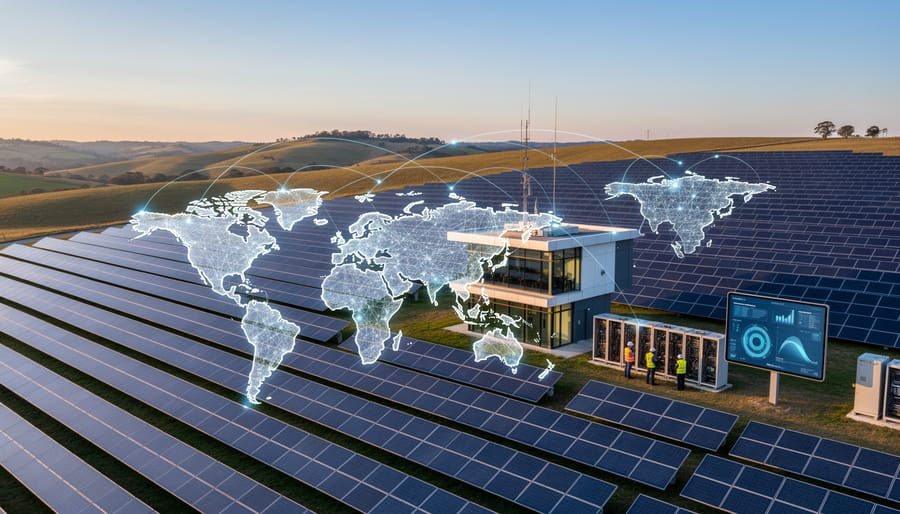 Expansive solar farm at sunrise showing rows of photovoltaic panels extending to horizon