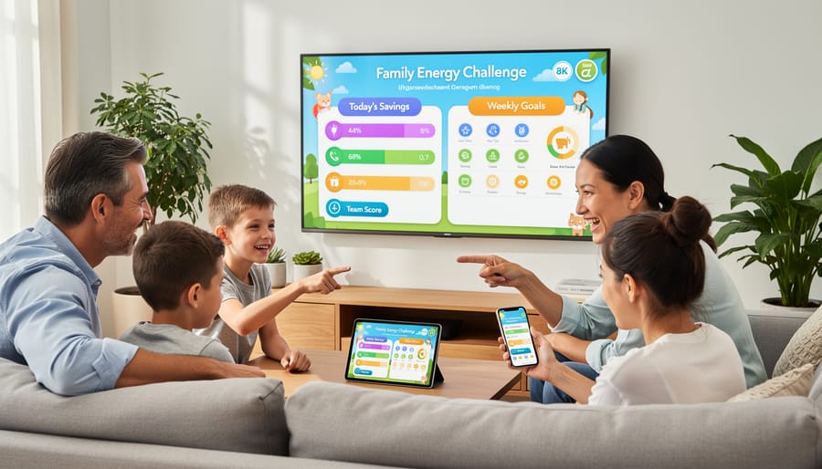 Family members gathered around smartphone showing gamified energy monitoring app