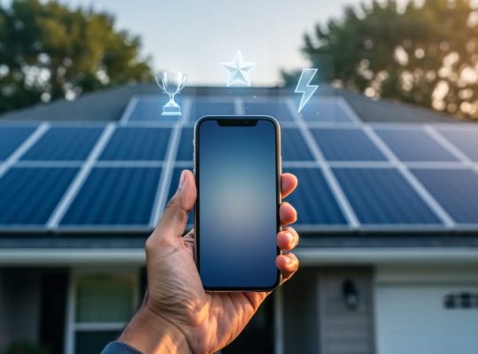 Hand holding a smartphone with glowing trophy, star, and lightning-bolt icons floating above it, rooftop solar panels and a suburban home softly blurred in the golden-hour background.