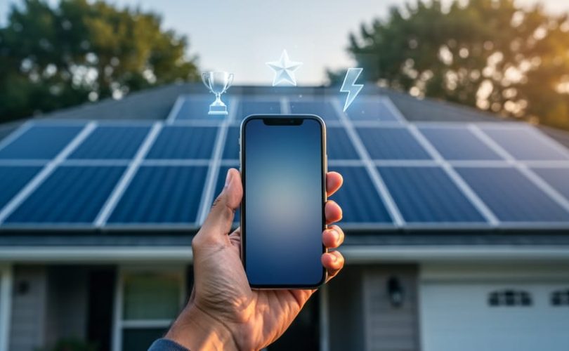 Hand holding a smartphone with glowing trophy, star, and lightning-bolt icons floating above it, rooftop solar panels and a suburban home softly blurred in the golden-hour background.