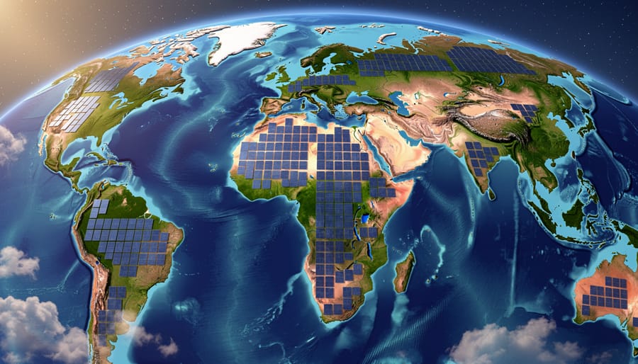 Aerial view of Earth showing solar panel installations across multiple continents