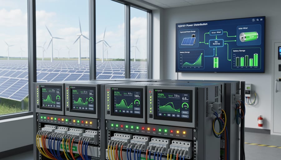 Close-up of hybrid renewable energy charge controller with LED indicators and cable connections