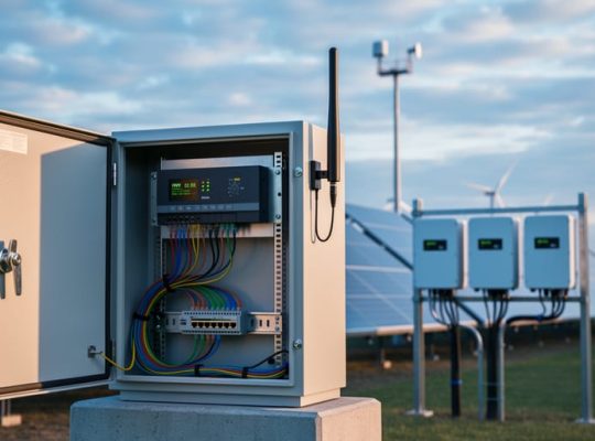 Open control cabinet with hybrid edge controller, ethernet cabling, and cellular antenna beside solar inverters at a solar farm, with rows of solar panels nearby and distant wind turbines and a small weather mast beneath a high cloud bank at golden hour.