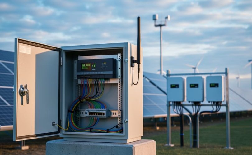 Open control cabinet with hybrid edge controller, ethernet cabling, and cellular antenna beside solar inverters at a solar farm, with rows of solar panels nearby and distant wind turbines and a small weather mast beneath a high cloud bank at golden hour.