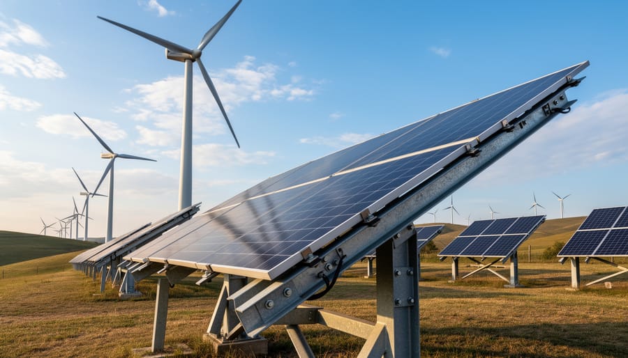 Hybrid renewable energy system with solar panels and wind turbine against blue sky