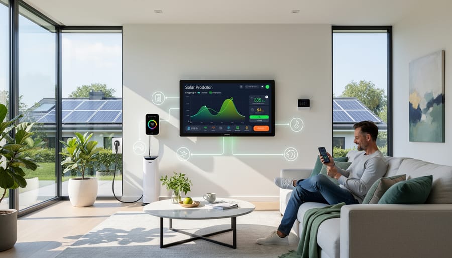 Modern home with rooftop solar panels illuminated at dusk with interior lights visible