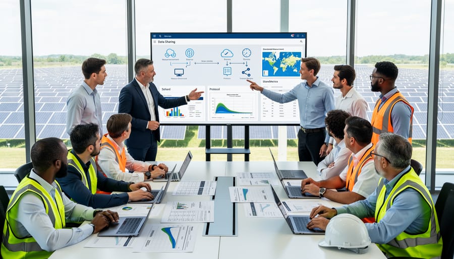 Diverse team of solar energy professionals collaborating over digital data displays
