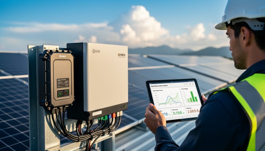 Technician adjusting solar inverter controls with LED indicators