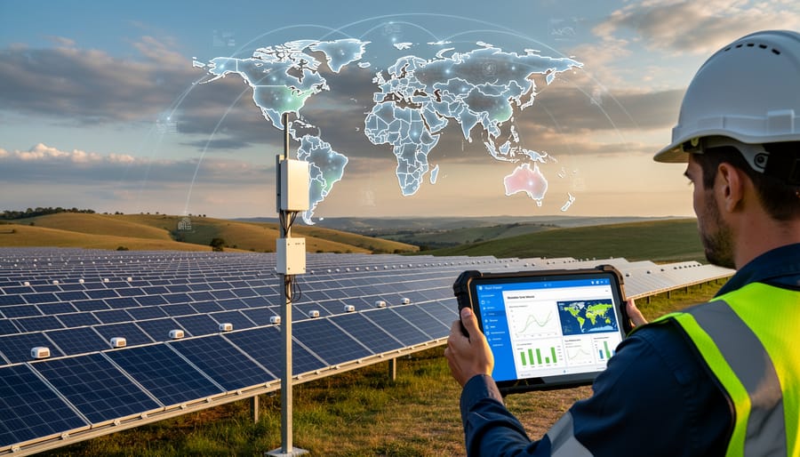 IoT monitoring sensors mounted on photovoltaic panel surface for data collection
