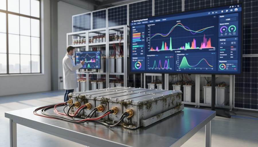 Degraded lithium-ion battery storage system showing wear and corrosion near solar panel installation