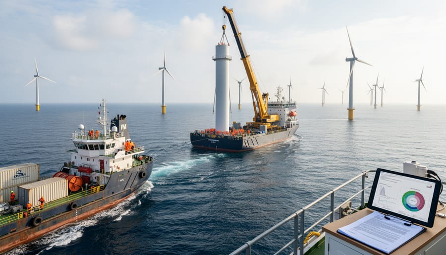 Construction vessel installing offshore wind turbine foundation at sea