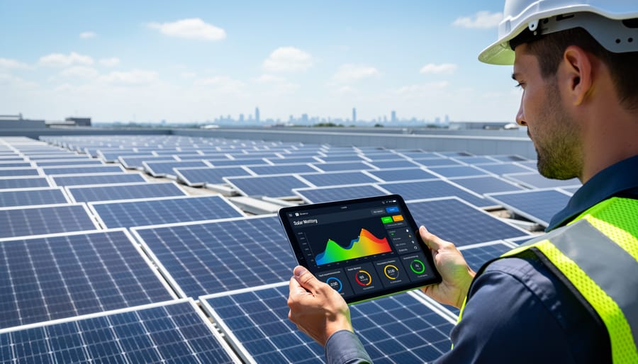 Residential solar panel array on modern home rooftop reflecting bright sunlight