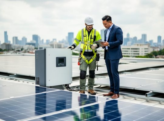 Solar installer in safety vest and helmet and a suited investor inspecting a rooftop inverter beside photovoltaic panels, with a softly blurred city skyline in the background under diffused daylight