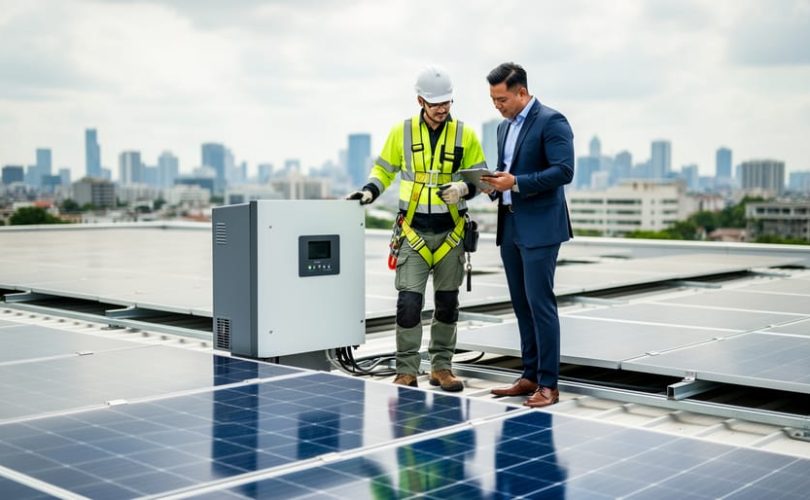 Solar installer in safety vest and helmet and a suited investor inspecting a rooftop inverter beside photovoltaic panels, with a softly blurred city skyline in the background under diffused daylight