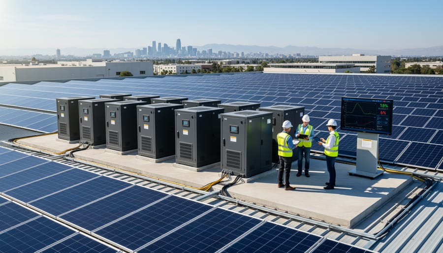 Engineers examining solid-state battery pilot installation at commercial solar energy facility