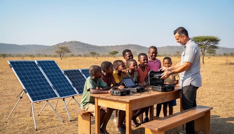 Portable solar panel kit powering educational devices on outdoor table