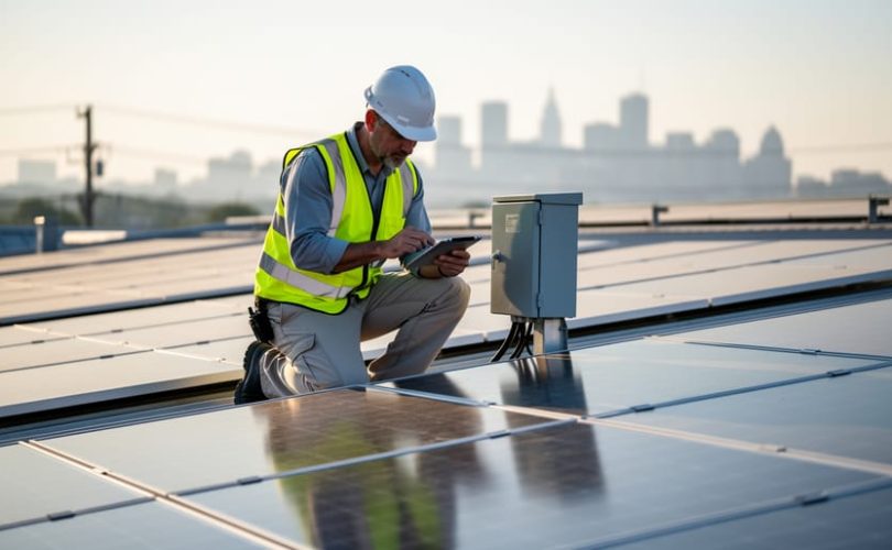 PV technician wearing a hard hat and high-visibility vest kneeling beside rooftop solar panels, checking a tablet near an electrical combiner box, with a blurred city skyline and utility lines in the background under soft late-afternoon light.