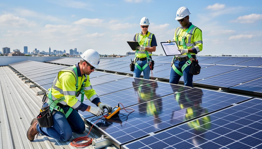 Solar technician inspecting rooftop solar panel installation while using digital tablet