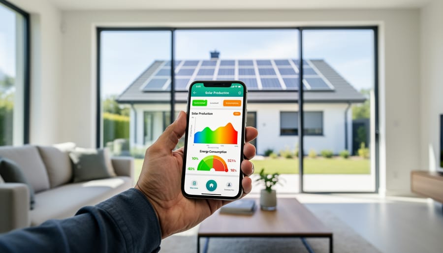 Person holding smartphone showing solar energy monitoring app with solar panels in background
