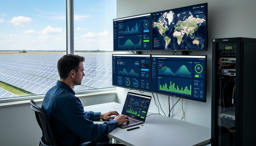 Solar technician using tablet to monitor remote solar installation