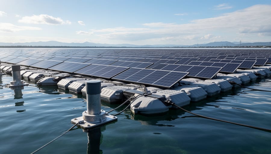 Close-up of reinforced HDPE floating platform connection showing robust materials and hardware