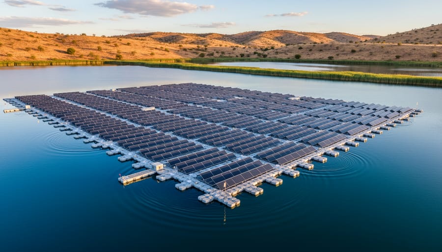 Expansive floating solar array on reservoir at sunset with mountains in background