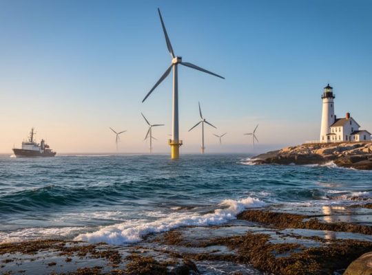 Wide golden-hour photo of offshore wind turbines off a rocky Rhode Island shoreline, nearest turbine sharp with soft-focus lighthouse and small research vessel in the distance, gentle Atlantic waves and seabirds under warm side lighting.