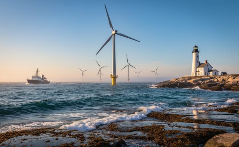 Wide golden-hour photo of offshore wind turbines off a rocky Rhode Island shoreline, nearest turbine sharp with soft-focus lighthouse and small research vessel in the distance, gentle Atlantic waves and seabirds under warm side lighting.