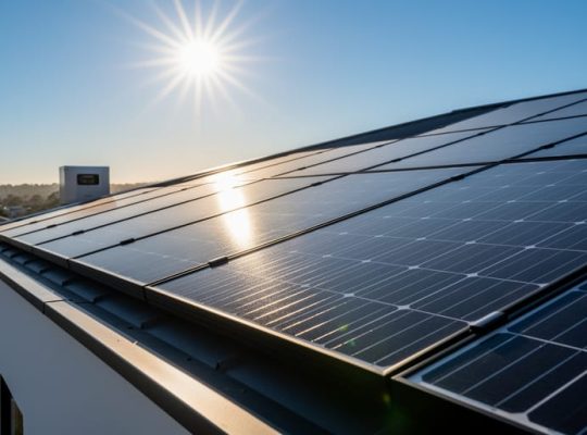 Low-angle view of monocrystalline solar panels on a modern home at golden hour, sunlight raking across the cells with a subtle sun starburst and a blurred inverter housing and suburban landscape in the background.