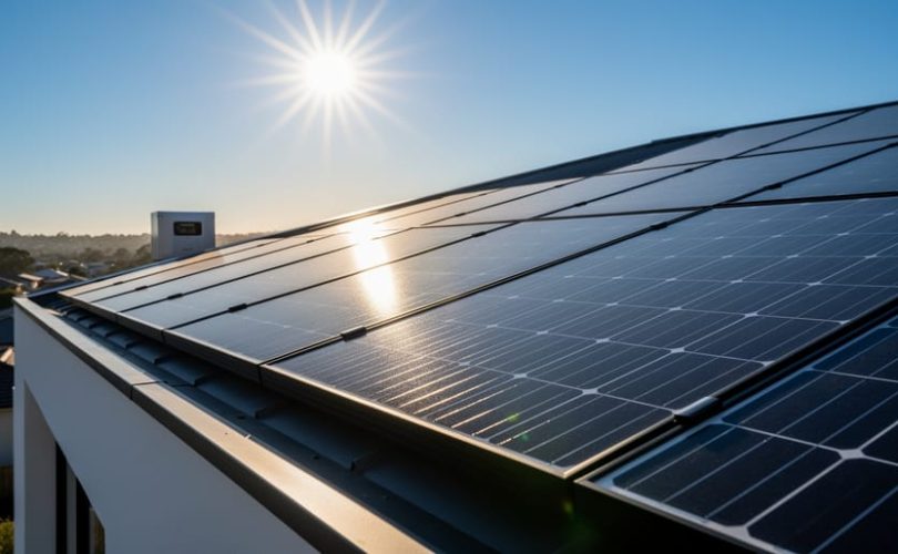 Low-angle view of monocrystalline solar panels on a modern home at golden hour, sunlight raking across the cells with a subtle sun starburst and a blurred inverter housing and suburban landscape in the background.