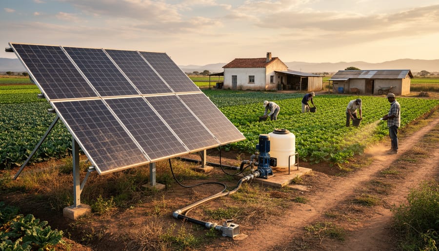 Refurbished solar panels installed on agricultural water pumping system in rural setting