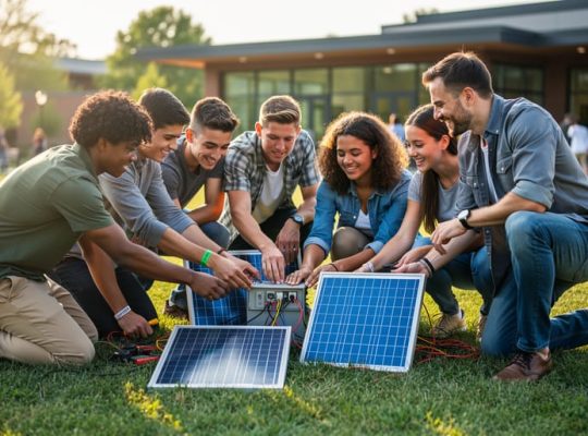 Diverse group of young adults assembling a small ground-mounted solar panel outdoors with a facilitator, lit by warm evening sunlight, with a blurred campus building and other participants in the background.