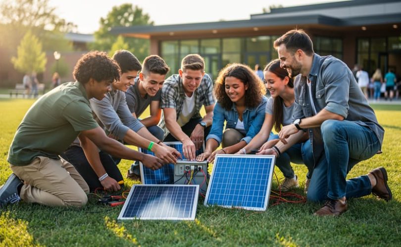Diverse group of young adults assembling a small ground-mounted solar panel outdoors with a facilitator, lit by warm evening sunlight, with a blurred campus building and other participants in the background.