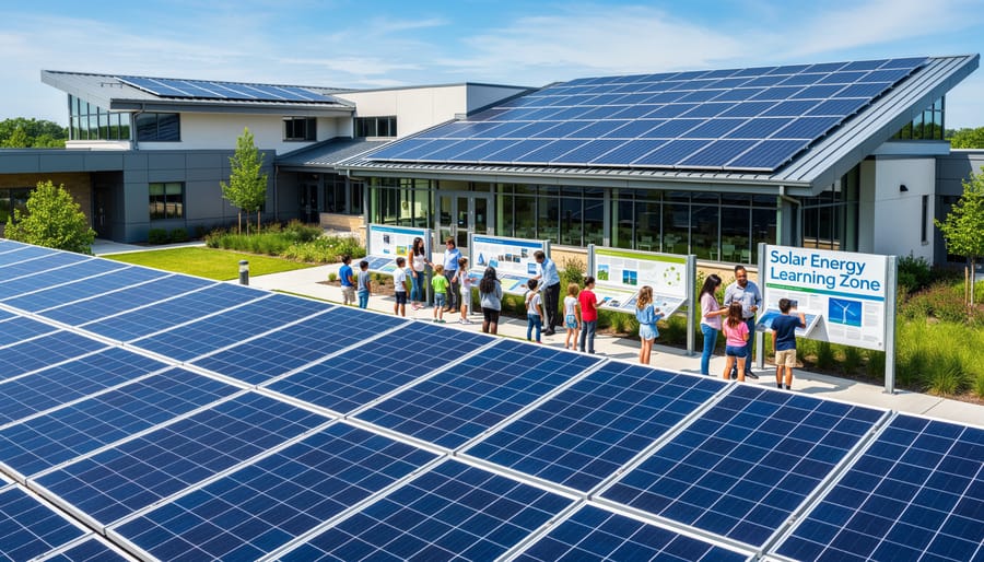Aerial view of solar panel installation on school building rooftop