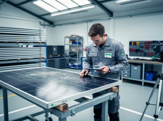 Technician testing a decommissioned solar panel on a stand inside a clean refurbishment warehouse, with rows of stacked panels and equipment softly blurred in the background.