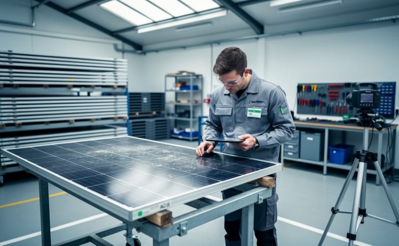 Technician testing a decommissioned solar panel on a stand inside a clean refurbishment warehouse, with rows of stacked panels and equipment softly blurred in the background.