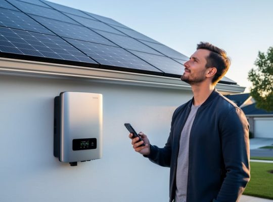 Homeowner beside wall-mounted solar inverter and battery, checking a smartphone while looking toward rooftop solar panels on a suburban house at golden hour.